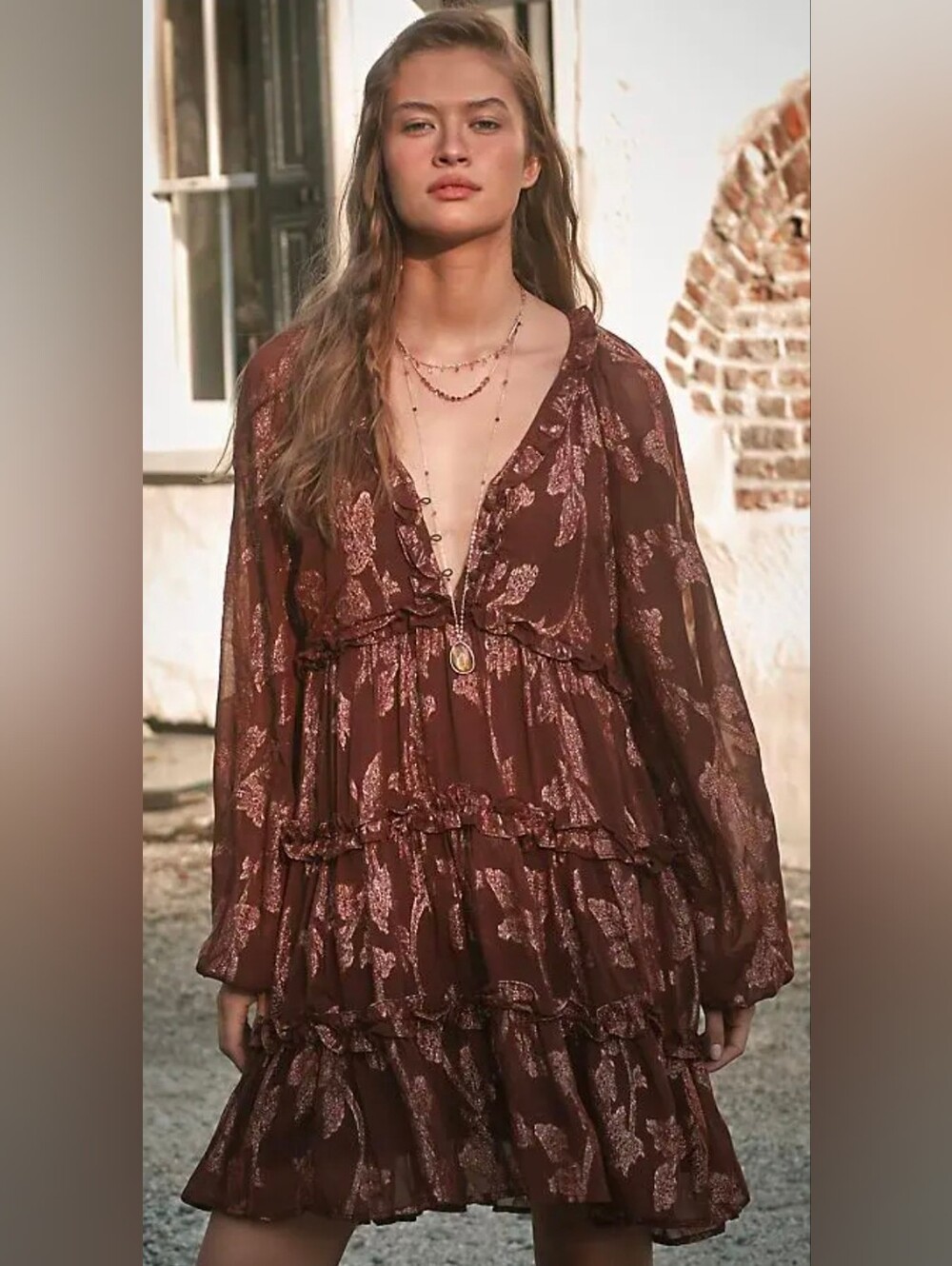 Anthropologie Tiered Metallic Boho Dress